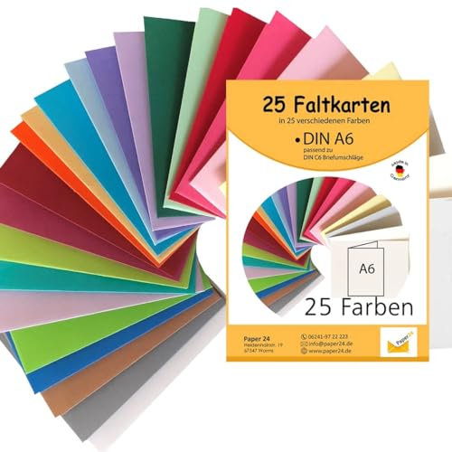 Paper24 Kartenset, 25 bunte A6-Klappkarten in 25 verschiedenen Farben als Set, ideal zum Basteln, zu Weihnachten oder als Geschenkidee, passend für DIN C6-Umschläge, A6-Klappkarten