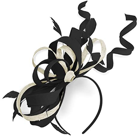 Caprilite Mix Swirl Fascinator cappello su fascia matrimonio Ascot Races su misura Sinamay per donna (nero e crema)
