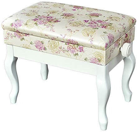 DRSM Soft Piano Hocker Printed Bücherregal Massivholz Kinder Klavier Stuhl-Aufzug Einzel Doppel Klavierhocker mit Lagerung Gepolsterter Sitz (White a)