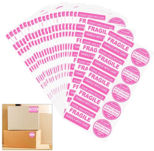 600 PCS Fragile Stickers for Shipping Do Not Trample or Fold Stickers Do Not Drop Labels for Shipping Mailing Envelops Cartons Pallets Adhesive Labels(Pink)