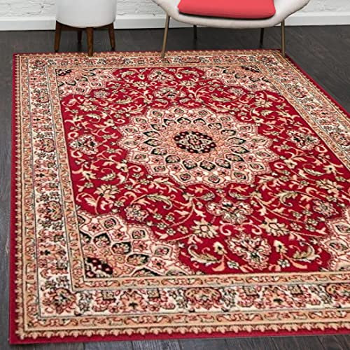 Mazovia Orientalisch Vintage Teppich - Kurzflor - Muster mit Medaillon - Traditioneller Teppich für Wohnzimmer, Esszimmer - ÖKO-TEX Wohnzimmerteppich - Rot 80 x 150 cm
