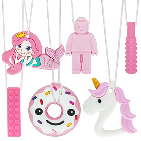 6 PCS Sensory Chew Necklace, Teether Chew Toys Safety Food Grade Silicone for Kids Toddlers ADHD, Autistic, Biting Needs, Oral Motor Teether Chew Pendant Toy with Adjustable Buckle for Baby Boys Girls