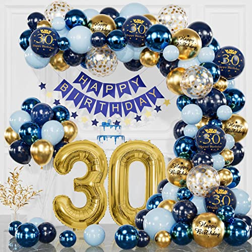 30 Geburtstag Deko Marineblau Gold, Deko 30 Geburtstag Mann Frau, Happy Birthday Banner, Konfetti Luftballons Geburtstags für 30 Jahr Geburtstagdeko