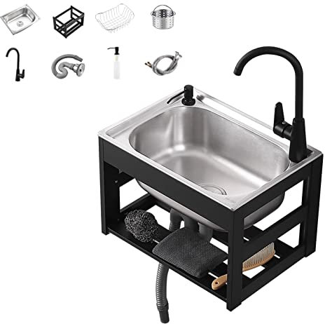 Petit Évier De Cuisine, Mural Evier INOX Professionnel Cuve Simple, Evier Inox Meuble Bac Laver Avec Robinet, Support, Bouchon Et Drain, Jardin Plonge Pour Garage Camping Exterieur Intérieur