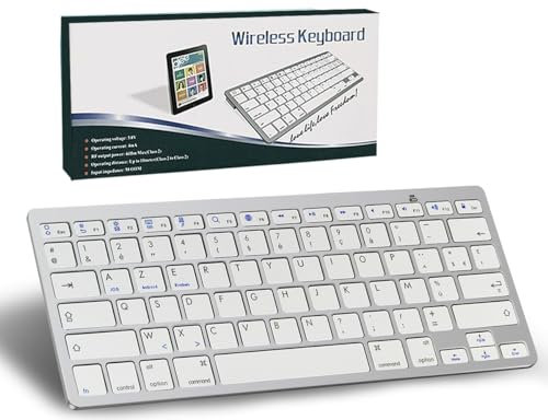 Clavier Sans Fil Bluetooth,Français AZERTY Mini Clavier bluetooth Compact Ultra Fin Silencieux Portable pour iPad,Mac,Ordinateur Tablette,Surface,Plat,Téléphone,Windows/Android/iOS,14Raccourcis,Argent