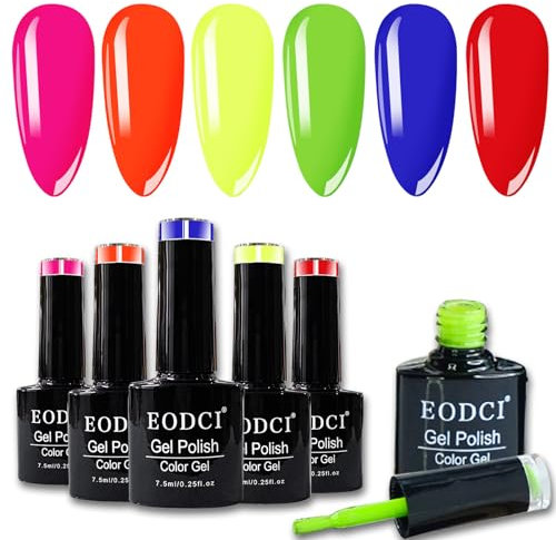 Néon Vernis Semi Permanent, 6 Couleurs Vert Orange Bleu Rose Lot Vernis Gel Manucure Soak Off UV/LED Semi-permanent Manucure Kit Salon De Manucure DIY Pour Femmes, Longue Durée