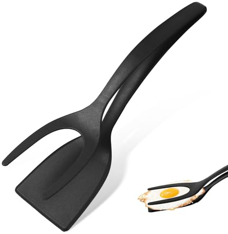 Espátula para Huevos 2 en 1, Antiadherente Nylon Turners de Huevos Fritos Pinzas de Espátula 2 en 1 para Cocinar Abrazadera de Parrilla Herramienta de Cocina para Tostadas Pastel (Negro)
