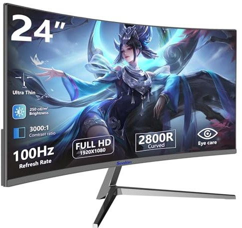 Sealan - Pantalla Curvada de 24 16:9, Pantalla LED FHD 100Hz 99% sRGB - Diseño Fino - Tecnología de Cuidado de Ojos - Conectividad HDMI VGA