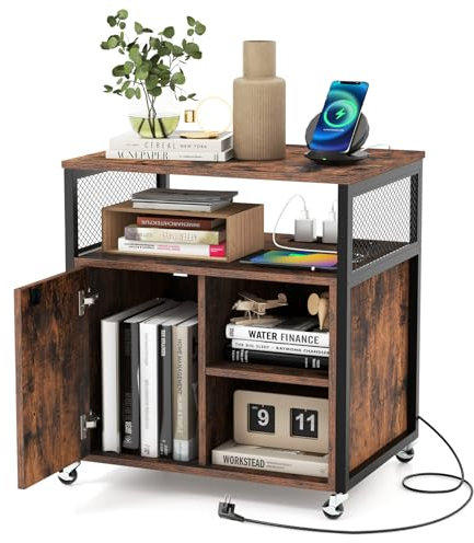 COSTWAY Aktenschrank auf Rollen, Büroschrank mit Ladestation und Loch für Kabelmanagement, Druckerständer mit abschließbaren Rädern, abschließbarem Seitenschrank & verstellbaren Regalen für das Büro