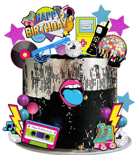 Vezerd Decorazione per torta di compleanno, 24 pezzi, decorazione per torte da discoteca, per compleanno, carnevale, feste, anni '70 anni '80, tema retrò Happy Birthday, decorazione cupcake topper per