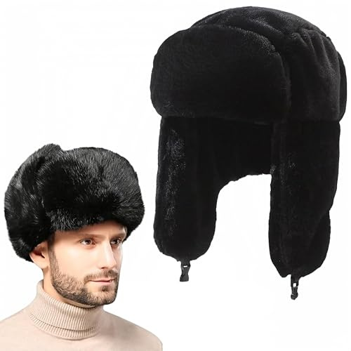SDXCJY Trappermütze Winter Bombermütze Russische Mütze Warme Hüte mit Ohr Winddicht Kunstpelz Hut Fliegerpilotenkappe Schwarz für Skaten, Outdoor oder den täglichen Gebrauch