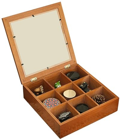 Birtern Joyero de madera – Bandeja de exhibición de pulseras de 9 rejillas – de anillos para parejas, joyero, collar, aretes, estuche con cubierta para hombres y mujeres
