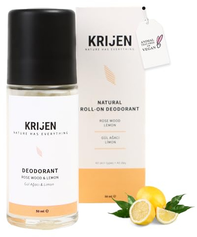 Krijen Déodorant naturel roll-on à l'huile de lys blanc et de pépins de raisin, végétalien, sans aluminium ni alcool, parfum frais, doux pour la peau, pour homme et femme, 50 ml