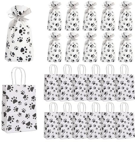 12 stycken hundtassar papperspåsar och 10 stycken hundtassar dragskopåsar, söta presentpåsar, godispåsar, partypresentpåsar