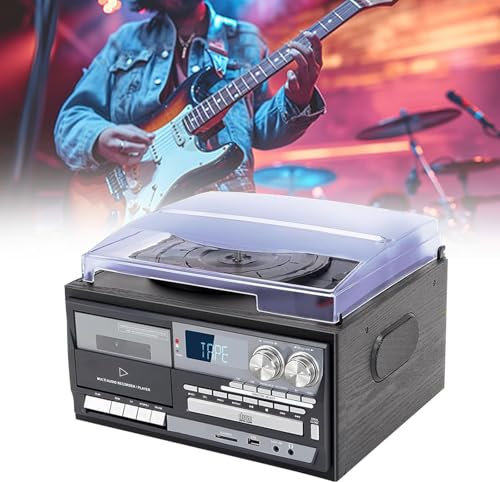 QFGain Tocadiscos con Altavoces, FonóGrafo PortáTil, Tocadiscos De 3 Velocidades, Reproductor De Vinilo con ReproduccióN De CD/Casete, Radio Am/FM, ReproduccióN De USB SD/Mmc,Black
