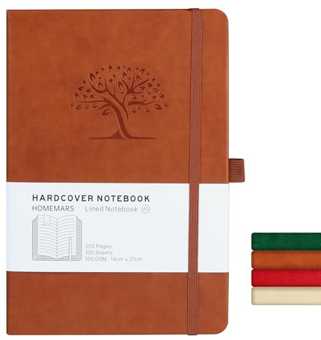HOMEMARS Notizbuch, Notebook, a5, Journal buch, Reisetagebuch, Liniert a5, Notizblock, Notizbücher a5, 100gsm, 200 Pages, Reisetagebuch, Notizbuch Leder, Prägebaum Design,Braun,21cm*14.5cm