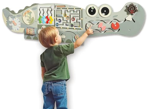 SZSMART Wooden Activity Busy Board for Kids, Crocodile Interactive Activity Sensory Wall Panel, Montessori Learning Center Play Room Decor, Fun Sensory Toys to Relieve Stress for Children (Green)