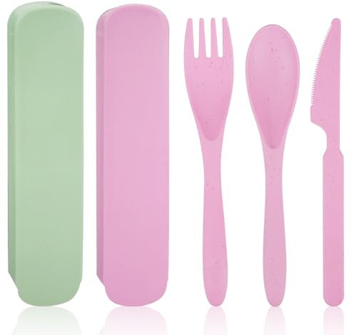 DIYJEP 2 Juegos de Cubiertos camping de Plástico Portátil, Cubiertos Reutilizables con Estuche, Cubiertos Viaje con Cuchillo Tenedor Cuchara para Niños Adultos Camping Trabajo Escuela (Rosa +Verde)