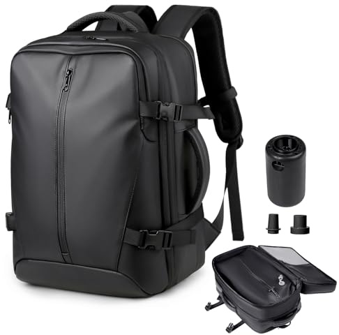 Vakuum Rucksack Handgepäck, Reiserucksack Handgepäck Flugzeug 45x36x20 Easyjet, 35L-55L Travelite Rucksack Groß Erweiterbar Airbag mit Pumpe, 15.6 Zoll Laptopfach, Damen, Herren - Schwarz