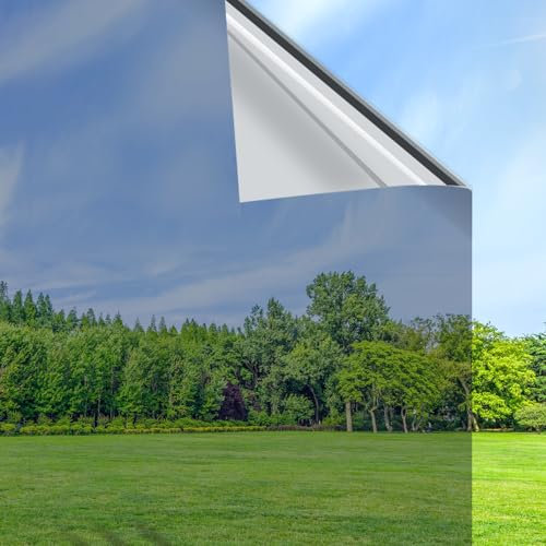 Volcanics Spiegelfolie Fenster Sichtschutz 90x198cm mit Montagewerkzeug, Einseitig Fensterfolie Blickdicht von außen, Silber, Sonnenschutzfolie Fenster Innen, Statische Haftung