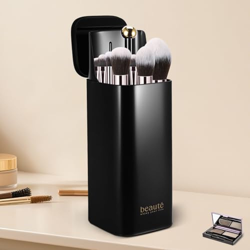 OurLeeme Makeup Brush Holder with Lid, Automatic Lifting Dustproof Make up Brush Organiser, 4 Slots Cosmetics Storage Box Brushes Case for Vanity Dressing Table Countertop, Black