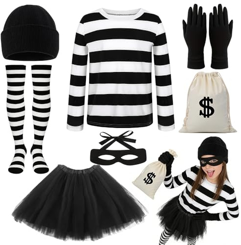 KUWUNG 7 Pcs Robber Costume for Women, Robbèr Costumè Set with Striped T-Shirt, Tutu-skirt, Stockings, Robber Mask, Gloves, Hat and Cash Bag, Money Heist Costume for Carnival Cosplay