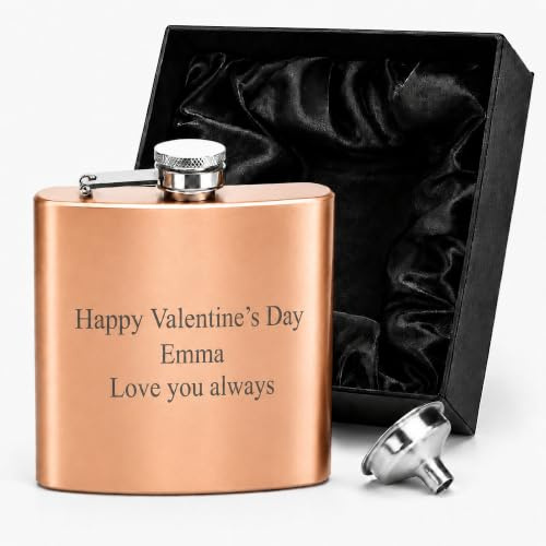 LARRYROO Personalised Engraved 6oz Hip Flask Gift Set with Box & Funnel, Stainless Steel Whisky Flask, Custom Gift for Men & Women, Birthday, Wedding, Christmas & Father’s Day (Rose Gold)