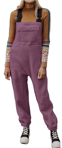 Women'S Casual Fleece Overalls Adjustable Straps Warm Baggy Pants Cinch Bottom Jumpsuits With Front Pockets Winter Warmth Jumpsuit Plain Soft Comfy Romper Classic Clothing For Outdoor
