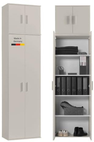 mokebo Mehrzweckschrank 'Der Extralange' (230x60 cm) Made in Germany, aus Holz in Kaschmir, Besenschrank deckenhoch, extra hoch mit 4 Türen, Vorratsschrank, Putzschrank in Beige