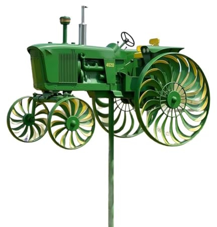 Windmills for Garden, 3D Garden Wind Spinner, Green Tractor Windmill Stake with Rotating Wheels, Rot ating Wheels Windmill Ornament for Front Yard Patio Porch Backyard Lawn Flower Bed Holiday