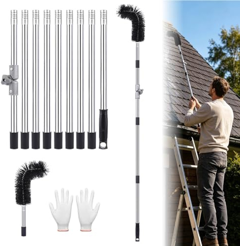 Extra Long Telescopic Gutter Cleaner, 4m Aluminum Roof Gutter Cleaning Tools Kit with 180° Swivel Head, Gutter Brush, Leaf Shovel & Rake for Guard Debris Removal (A)
