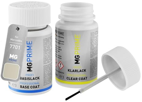 MG PRIME Autolack Lackstift für Mercedes 7701/701 Kieselgrau + Klarlack | Pebble Grey, Set aus Basislack + Klarlack, Lackfläschchen mit Pinsel, je 50ml