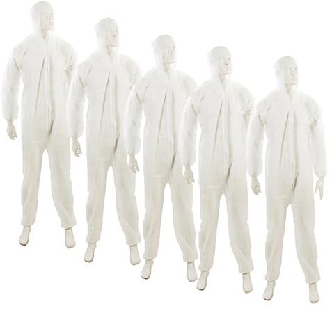 Dapetz ® 5 Pack Disposable Coverall Protective Suits Overall Suits with Hood Medium 170cm 67, Elastic Cuffs, Ankles, and Hood, Zip Front Opening for Painting, Cleaning, Safety Workwear, Men, Women