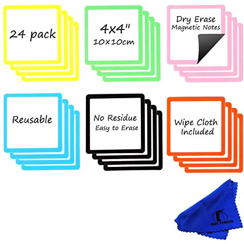 Etiquetas Magnéticas Borrables - Pack de 24 Tarjetas para Notas - Imanes para Nevera y Pizarra Blanca de 10x10 cm - Tiras Magnéticas para Escribir y Borrar en Casa, Oficina y Aula