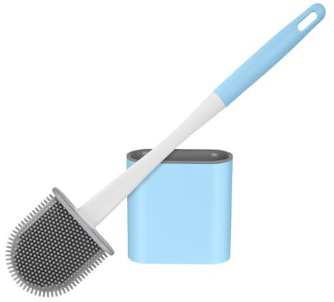 Vicloon Silicone Toilet Brush, Toilet Brush and Holder Set with Quick Drying Holder, Deep Cleaning Bendable Brush Head with No-Slip Handle and Flexible Silicone Soft Bristle for Bathroom Toilet (Blue）