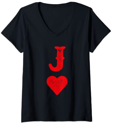 Damen Herz Bube Joker Skat Poker Spielkarten Paare Kostüm T-Shirt mit V-Ausschnitt