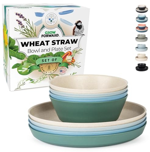 Grow Forward Premium Wheat Straw Plates and Bowls Sets - 8-Piece Wheat Straw Dinnerware Sets - Unbreakable & Reusable Microwave Safe Plastic Dinner Plates for Outdoors, RV, Camping Dishes - Oasis