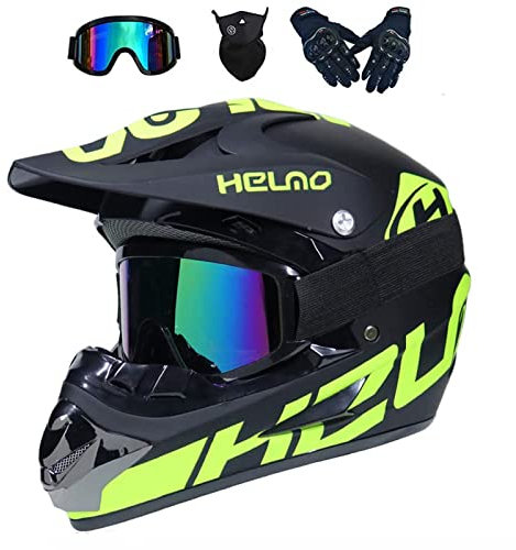 UIGJIOG Casco Motocross, Enduro, Cross con Gafas, Guantes, Mascarilla, Dot Certificación, S (52~53cm), Negro, ATV, Motocicleta