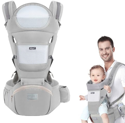 Huifen Baby Carrier with Hip Seat, Multi-Functional 9 in 1 Baby Wrap Carrier Newborn to Toddler for All Seasons Ergonomic Baby Sling Carrier Hands Free Baby Backpack Carrier 7-45 lbs (Grey)