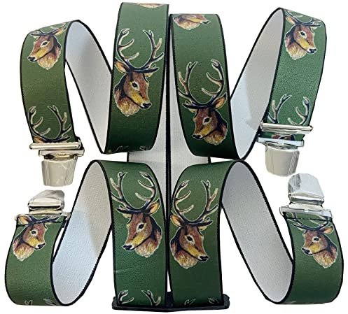 EDERER Hosenträger Herren – Jäger mit Hirsch-Motiv – 3,5 cm breit, verstellbar 65–125 cm - X-Form – robuste Clips & hoher Komfort – ideal für Jagd, Outdoor, Arbeit & als stilvolles Geschenk G-021