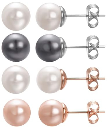 Vogem 4 Pairs 8mm Pearl Earrings for Women Pink Gray White Colour Round Small Pearls Studs Earring Set Jewelry
