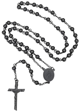 FaithHeart Collana Rosario Santa Maria Collana Donna Uomo Catenina Lunga 66cm Nero Preghiera Medaglia Vergine Maria Collana Croce Cattolica Perline Ciondolo Crocifisso Gioielli Religiosi