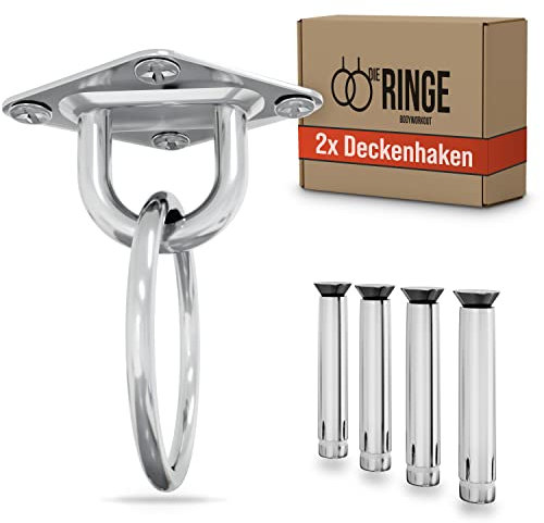 Die Ringe Deckenhaken Schwerlast Set - 2 Stück - Sichere Edelstahl Deckenanker für Turnringe, Boxsack, Hängesessel und Co. - Set beinhaltet 8 Beton Dübel für optimale Befestigung