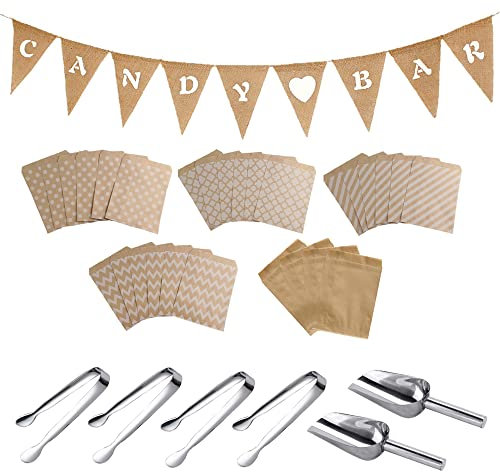 Csirnto Candy Bar Zubehör, 4 Stücke Zuckerzange und 2 Stücke Schaufeln + Candybar Girlande Banner + 50 Stück Papiertüten, Süßigkeiten Zange Eiswürfelzange Servierzange für Hochzeit Party Geburtstag