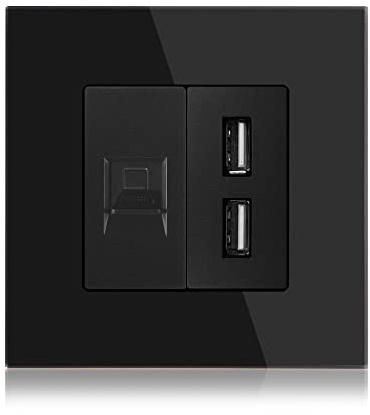 BSEED PC + 3.1A USB Crystal Frame RJ45 Cat5E Prise murale Ethernet et 2 prises de charge USB - Noir