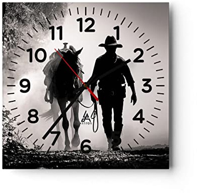ARTTOR Moderne Glasuhr 30x30cm Quadrat Wanduhr Schwarz-Weiß Menschen - 4620 | Cowboy Pferd Verdächtig Glas Analog Wanduhr Lautlos Wanddekoration Wohnzimmer Küche Wanddeko Küchenuhr Geräuschlos ARTTOR
