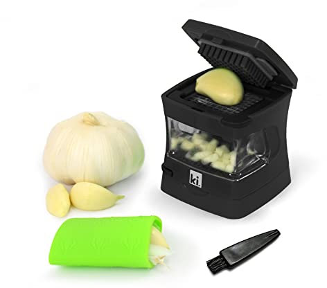 Kitchen Innovations Garlic-A-Peel Garlic Press, Crusher, Cutter, Mincer, and Storage Container - Includes Silicone Garlic Peeler - Easy to Clean - Stainless Steel Blades – (Black), standard