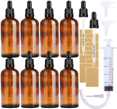 8Stk Pipettenflasche Glas 100ml Apothekerflasche Set-Braunglas Liquid Flaschen mit pipette Tropfflaschen Glasflaschen mit Schwarzer Pipettenkappe Beschriftungs-Etiketten Inklusive 5 Stk Hilfszubehör