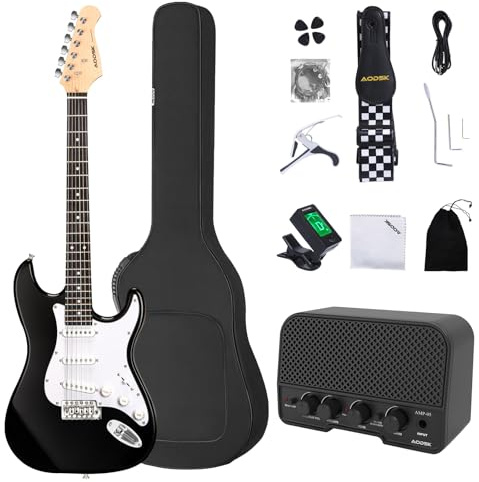 AODSK E-Gitarre mit Verstärker, Anfänger-Set, 99 cm, solider Körper, volle Größe, SSS-Tonabnehmer, komplettes Zubehör, digitales Stimmgerät, sechs Saiten, vier Plektren, Tremolo-Bar, Gurt, Gigbag,