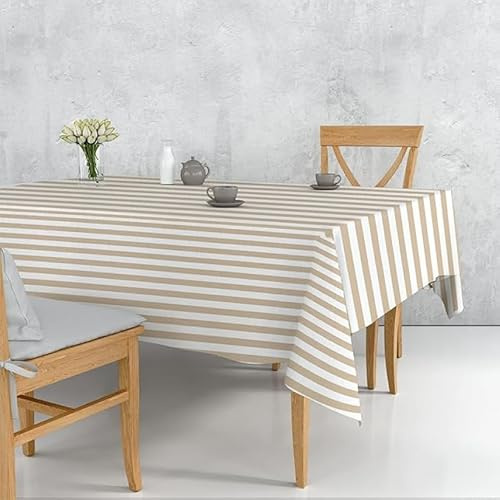 INTRECCI Tovaglia a Righe per Cucina Giardino Salotto disponibile in più Misure, Tovaglia da Tavola Misto Cotone Rettangolare Giardino Cucina Sala 6/8 POSTI 140x180 cm, Beige